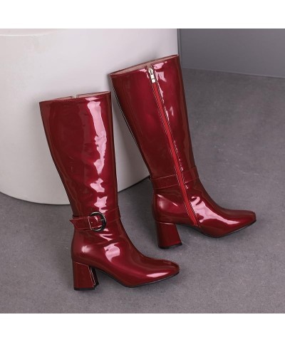 Women Knee High Boots White Knee Boots Black Winter Boots Silver Red Shoes Patent Leather Mid Heel Glossy Boot Blue Purple Ye...