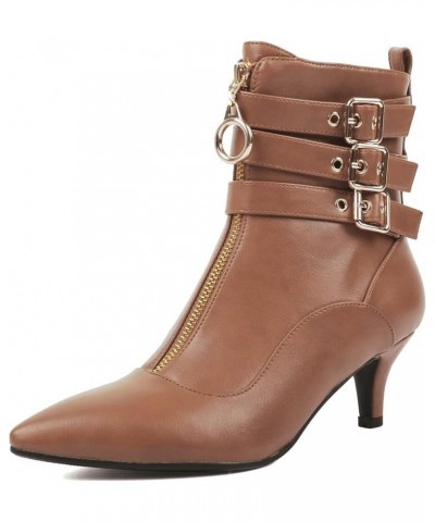 Women Buckle Ankle Boots Strappy Pointed Toe Booties High Heels Short Boots Brown 2 $24.48 Boots