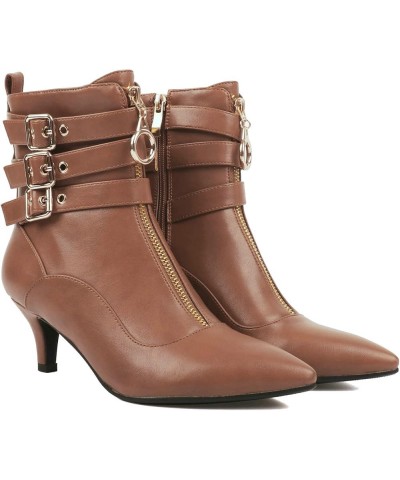 Women Buckle Ankle Boots Strappy Pointed Toe Booties High Heels Short Boots Brown 2 $24.48 Boots