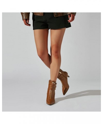 Women Buckle Ankle Boots Strappy Pointed Toe Booties High Heels Short Boots Brown 2 $24.48 Boots