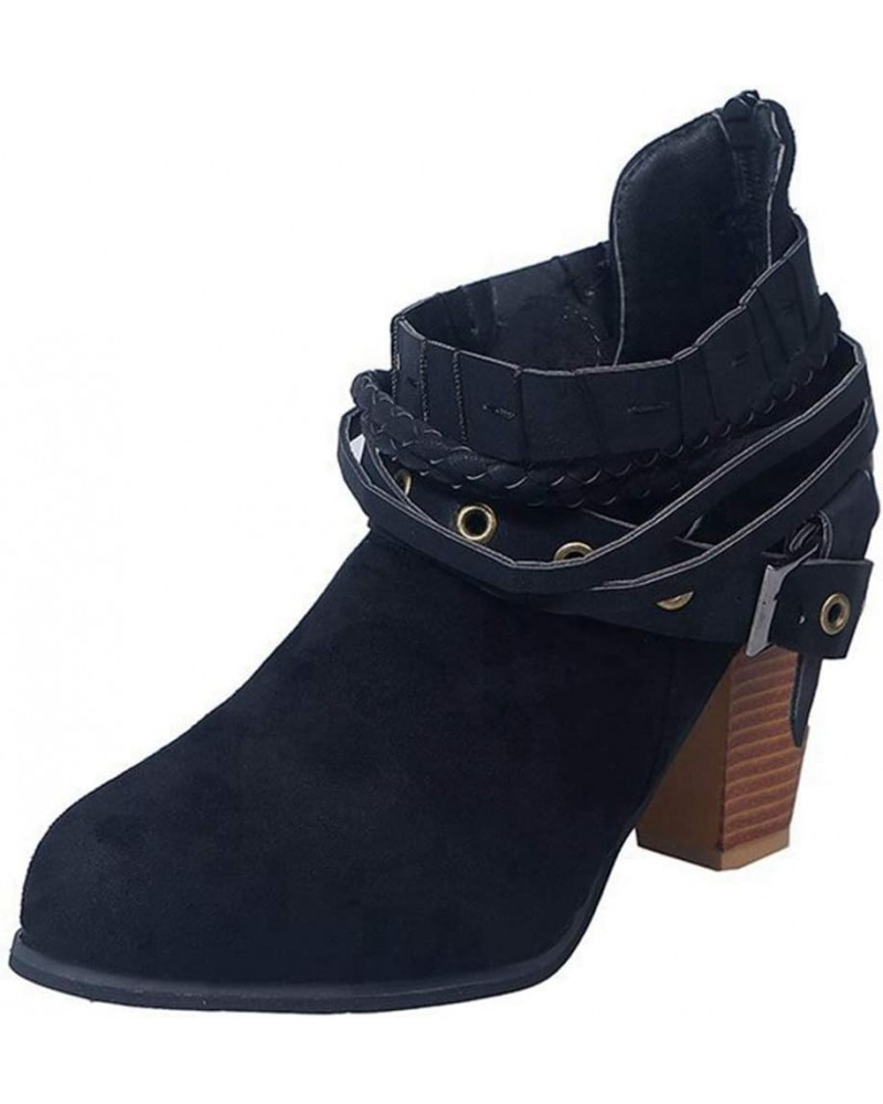 Women's Buckle Strappy Ankle Booties Round Toe V Cut Zipper Chunky Block Stacked High Heel Short Boots Black $22.88 Boots