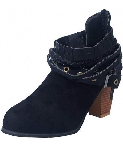 Women's Buckle Strappy Ankle Booties Round Toe V Cut Zipper Chunky Block Stacked High Heel Short Boots Black $22.88 Boots