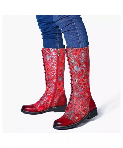 Womens Leather Flats Round Toe Low-heeled Buckle Strap Western Middle Boots $25.82 Boots