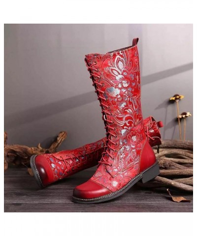 Womens Leather Flats Round Toe Low-heeled Buckle Strap Western Middle Boots $25.82 Boots