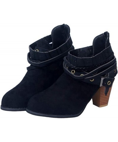 Women's Buckle Strappy Ankle Booties Round Toe V Cut Zipper Chunky Block Stacked High Heel Short Boots Black $22.88 Boots