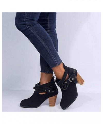 Women's Buckle Strappy Ankle Booties Round Toe V Cut Zipper Chunky Block Stacked High Heel Short Boots Black $22.88 Boots