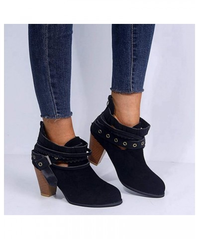 Women's Buckle Strappy Ankle Booties Round Toe V Cut Zipper Chunky Block Stacked High Heel Short Boots Black $22.88 Boots