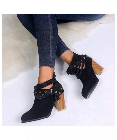 Women's Buckle Strappy Ankle Booties Round Toe V Cut Zipper Chunky Block Stacked High Heel Short Boots Black $22.88 Boots