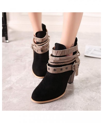 Women's Buckle Strappy Ankle Booties Round Toe V Cut Zipper Chunky Block Stacked High Heel Short Boots Black $22.88 Boots