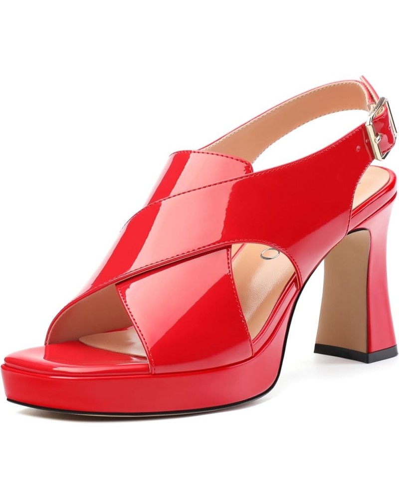 Women's Platform Sandals, Slingback Open Toe Buckle Heels for Women, Fashion Solid Patent High Heel Shoes 3.3 inch Red Patent...