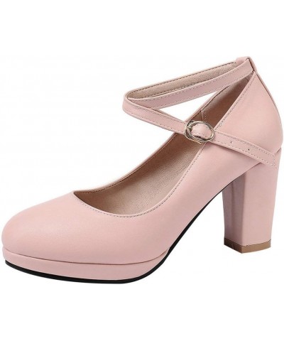 Womens Crisscross Strap Platform Block Heel Pumps Round Toe Court Shoes Pink $24.00 Pumps