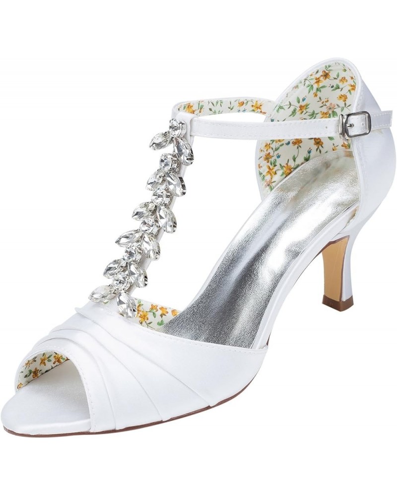 Ivory Bridal Shoes Crystal Kitten Heel Sandals Women's T Strap Open Toe Evening Shoes White $32.40 Pumps