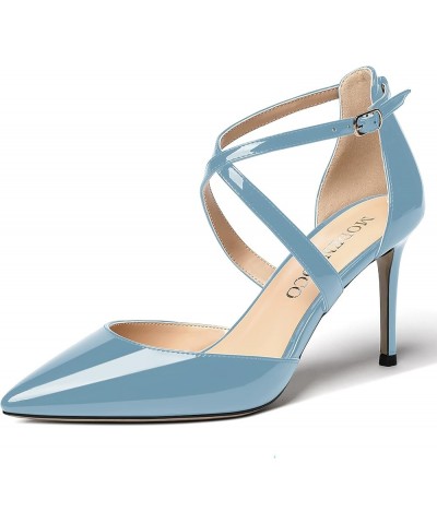 Women's Cut Out Criss Cross Strap Patent Pointed Toe Stiletto High Heel Pumps Shoes 3.5 Inch Light Blue $19.80 Pumps