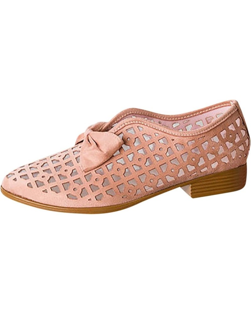 Womens Casual Pointed Toe Breathable Low Block Heel Bowknot Hollow Out Walking Beach Shoes Casual Flat Shoes Pink $16.08 Flats