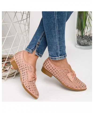 Womens Casual Pointed Toe Breathable Low Block Heel Bowknot Hollow Out Walking Beach Shoes Casual Flat Shoes Pink $16.08 Flats