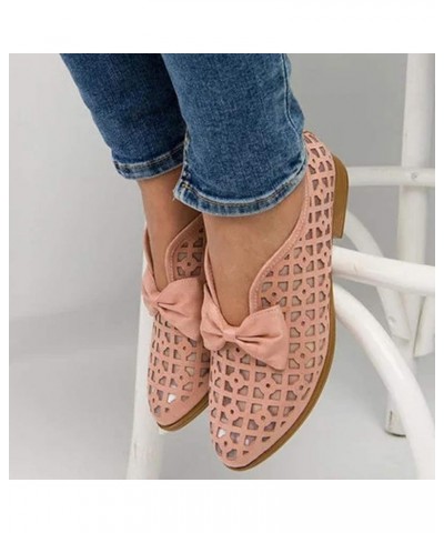 Womens Casual Pointed Toe Breathable Low Block Heel Bowknot Hollow Out Walking Beach Shoes Casual Flat Shoes Pink $16.08 Flats