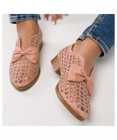 Womens Casual Pointed Toe Breathable Low Block Heel Bowknot Hollow Out Walking Beach Shoes Casual Flat Shoes Pink $16.08 Flats