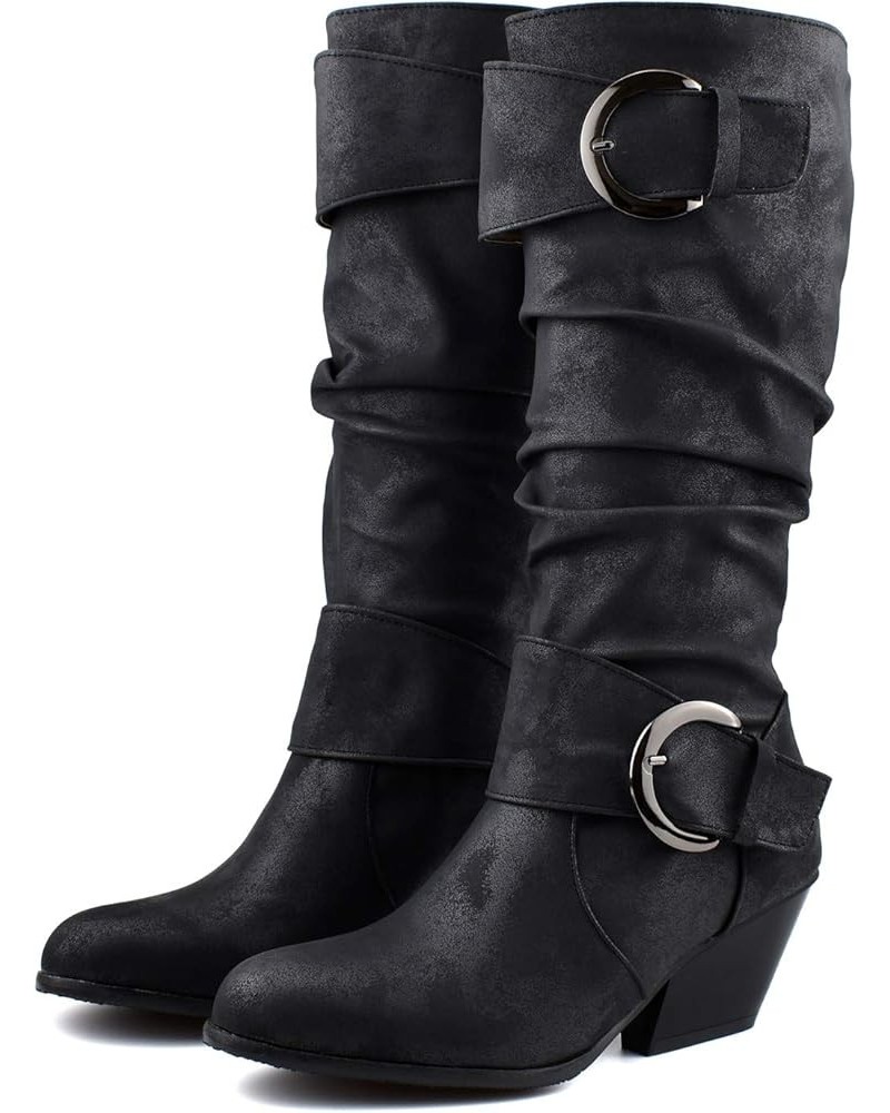 AlureAbys Women Vintage Knee High Boots Pull On Buckle Fall Winter Sloch Boot Chunky Block Mid Heel Black $28.66 Boots