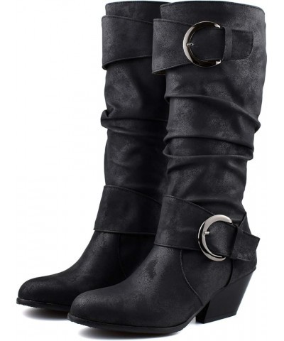 AlureAbys Women Vintage Knee High Boots Pull On Buckle Fall Winter Sloch Boot Chunky Block Mid Heel Black $28.66 Boots