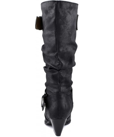 AlureAbys Women Vintage Knee High Boots Pull On Buckle Fall Winter Sloch Boot Chunky Block Mid Heel Black $28.66 Boots