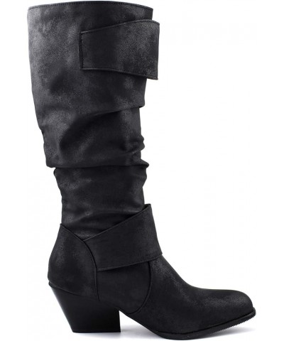 AlureAbys Women Vintage Knee High Boots Pull On Buckle Fall Winter Sloch Boot Chunky Block Mid Heel Black $28.66 Boots