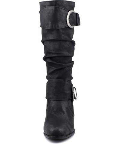 AlureAbys Women Vintage Knee High Boots Pull On Buckle Fall Winter Sloch Boot Chunky Block Mid Heel Black $28.66 Boots