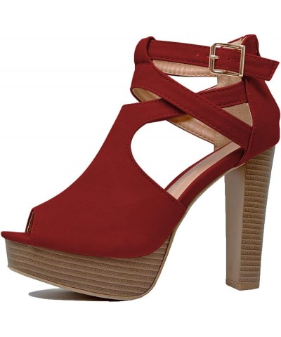 Cork Platform Chunky Block Sandals High Heels Sexy Peep Toe Ankle Strap Suede Party NightClub Shoes for Women Red $49.27 Sandals