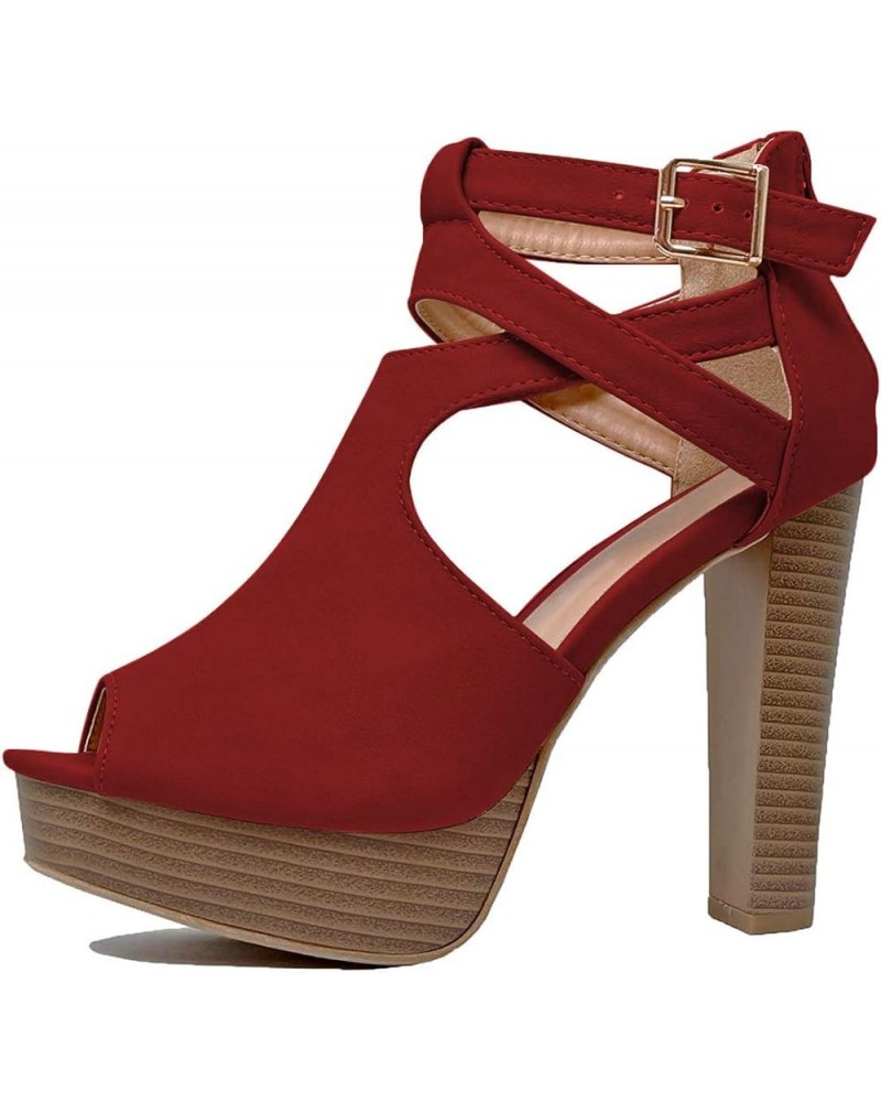 Cork Platform Chunky Block Sandals High Heels Sexy Peep Toe Ankle Strap Suede Party NightClub Shoes for Women Red $49.27 Sandals