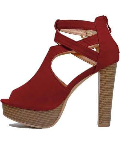 Cork Platform Chunky Block Sandals High Heels Sexy Peep Toe Ankle Strap Suede Party NightClub Shoes for Women Red $49.27 Sandals