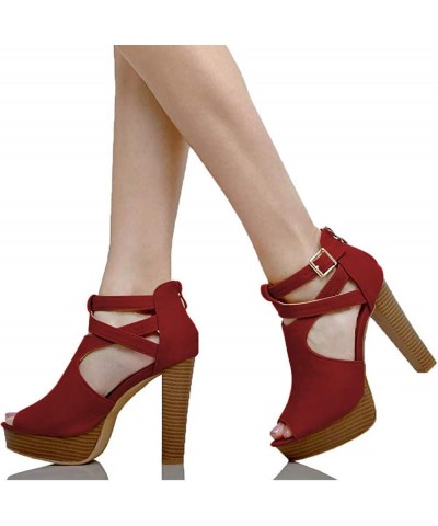 Cork Platform Chunky Block Sandals High Heels Sexy Peep Toe Ankle Strap Suede Party NightClub Shoes for Women Red $49.27 Sandals