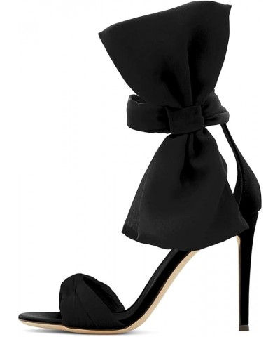 Women Adorable Big Bows High Heel Sandals Open Toe Satin Ankle Strappy Chain Clasp Stilettos Cocktail Shoes Black $40.32 Sandals