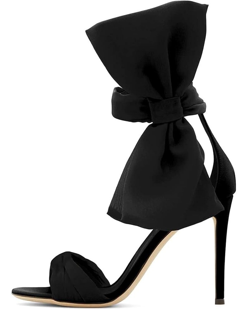 Women Adorable Big Bows High Heel Sandals Open Toe Satin Ankle Strappy Chain Clasp Stilettos Cocktail Shoes Black $40.32 Sandals