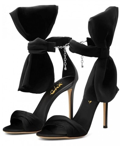 Women Adorable Big Bows High Heel Sandals Open Toe Satin Ankle Strappy Chain Clasp Stilettos Cocktail Shoes Black $40.32 Sandals