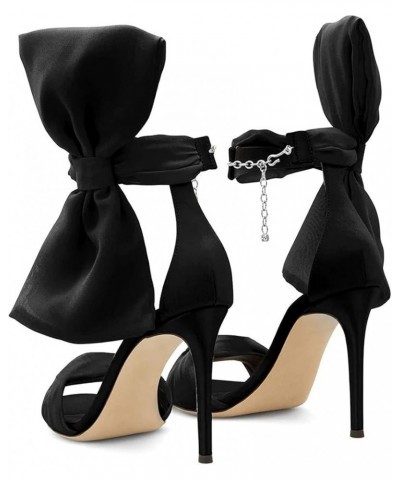 Women Adorable Big Bows High Heel Sandals Open Toe Satin Ankle Strappy Chain Clasp Stilettos Cocktail Shoes Black $40.32 Sandals