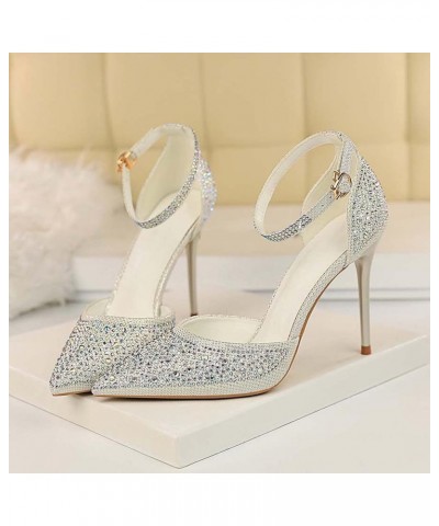 Women Stiletto High Heels Pointed Toe Rhinestone Ankle Strap Pumps Glitter Prom Wedding Shoes White $27.99 Pumps