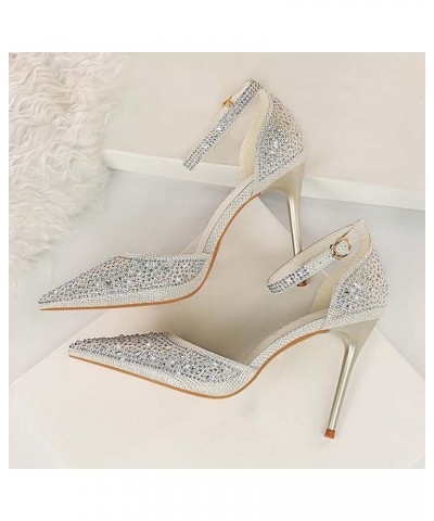 Women Stiletto High Heels Pointed Toe Rhinestone Ankle Strap Pumps Glitter Prom Wedding Shoes White $27.99 Pumps