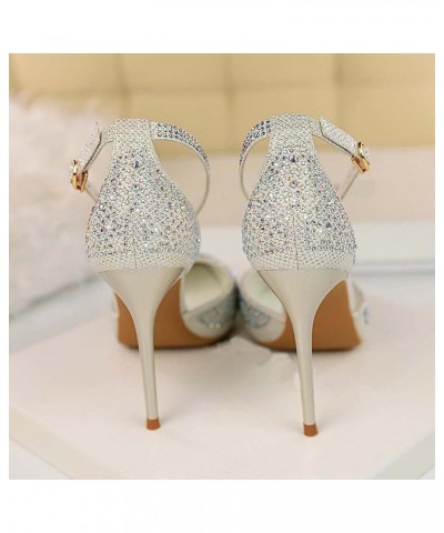 Women Stiletto High Heels Pointed Toe Rhinestone Ankle Strap Pumps Glitter Prom Wedding Shoes White $27.99 Pumps