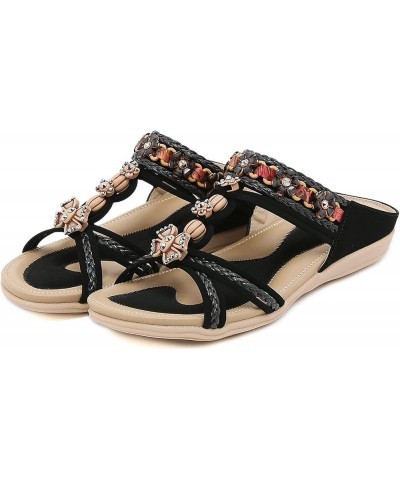 Summer Fashion Women Casual Open Toe Flat Rhinestone Comfortable Soft Bottom Breathable Slip On Dog Sandals for Women (Black,...