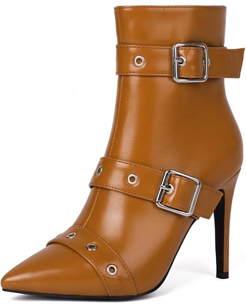 Women Stiletto Heel Side Zipper Multi Buckles Short Boots Light Brown $22.87 Boots