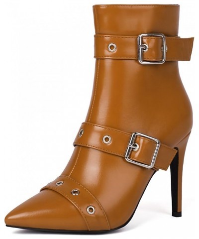 Women Stiletto Heel Side Zipper Multi Buckles Short Boots Light Brown $22.87 Boots