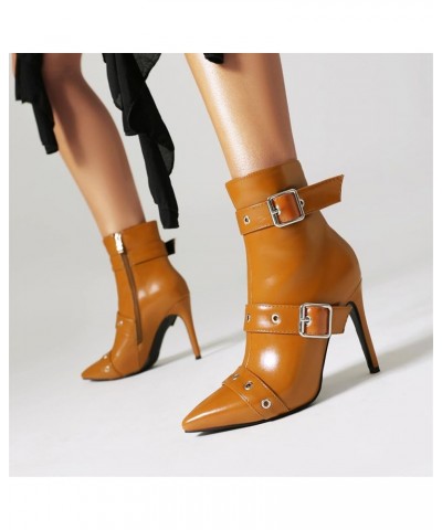 Women Stiletto Heel Side Zipper Multi Buckles Short Boots Light Brown $22.87 Boots