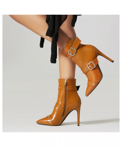 Women Stiletto Heel Side Zipper Multi Buckles Short Boots Light Brown $22.87 Boots