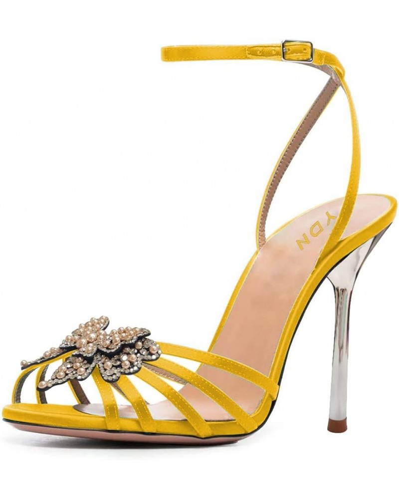 Women Butterfly Rhinestone Studded High Heels Strappy Open Toe Sandals Sexy Ankle Strap Party Dress Shoes Size 4-15 US Yellow...