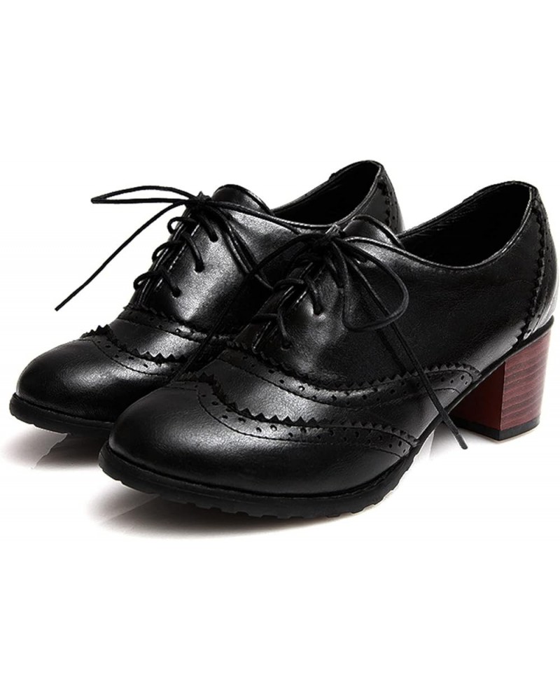 Women Stacked Low Heel Pointed Toe Wingtip Oxfords Brogue Shoes Black $22.00 Oxfords