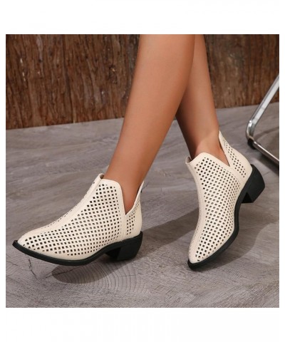 Ladies Fashion Solid Color Leather Hollow Lace Casual Shoes Back Zipper Flat Cool Boots Sandals for Women Size 8 Beige $25.97...