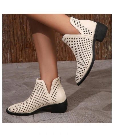 Ladies Fashion Solid Color Leather Hollow Lace Casual Shoes Back Zipper Flat Cool Boots Sandals for Women Size 8 Beige $25.97...