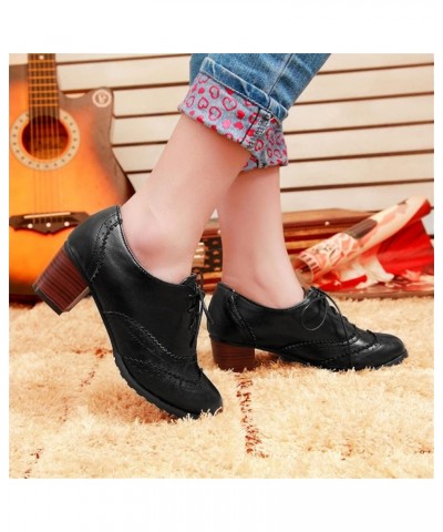 Women Stacked Low Heel Pointed Toe Wingtip Oxfords Brogue Shoes Black $22.00 Oxfords