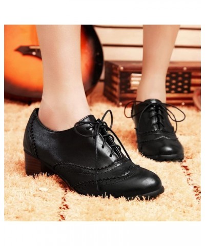 Women Stacked Low Heel Pointed Toe Wingtip Oxfords Brogue Shoes Black $22.00 Oxfords