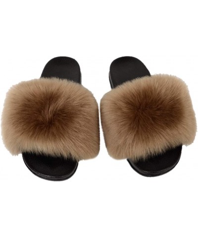 Womens Furry Fluffy Slippers Faux Fur House Slippers Open Toe Fuzzy Slides Soft Flat Slip On Sandals for Indoor Outdoor Brown...