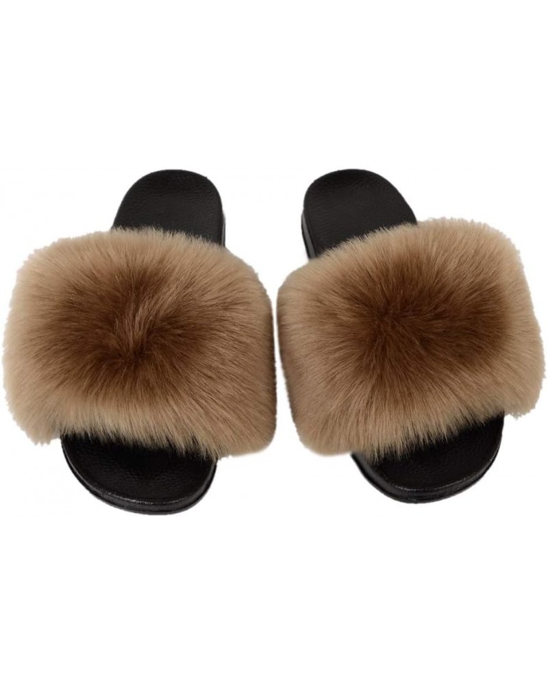 Womens Furry Fluffy Slippers Faux Fur House Slippers Open Toe Fuzzy Slides Soft Flat Slip On Sandals for Indoor Outdoor Brown...